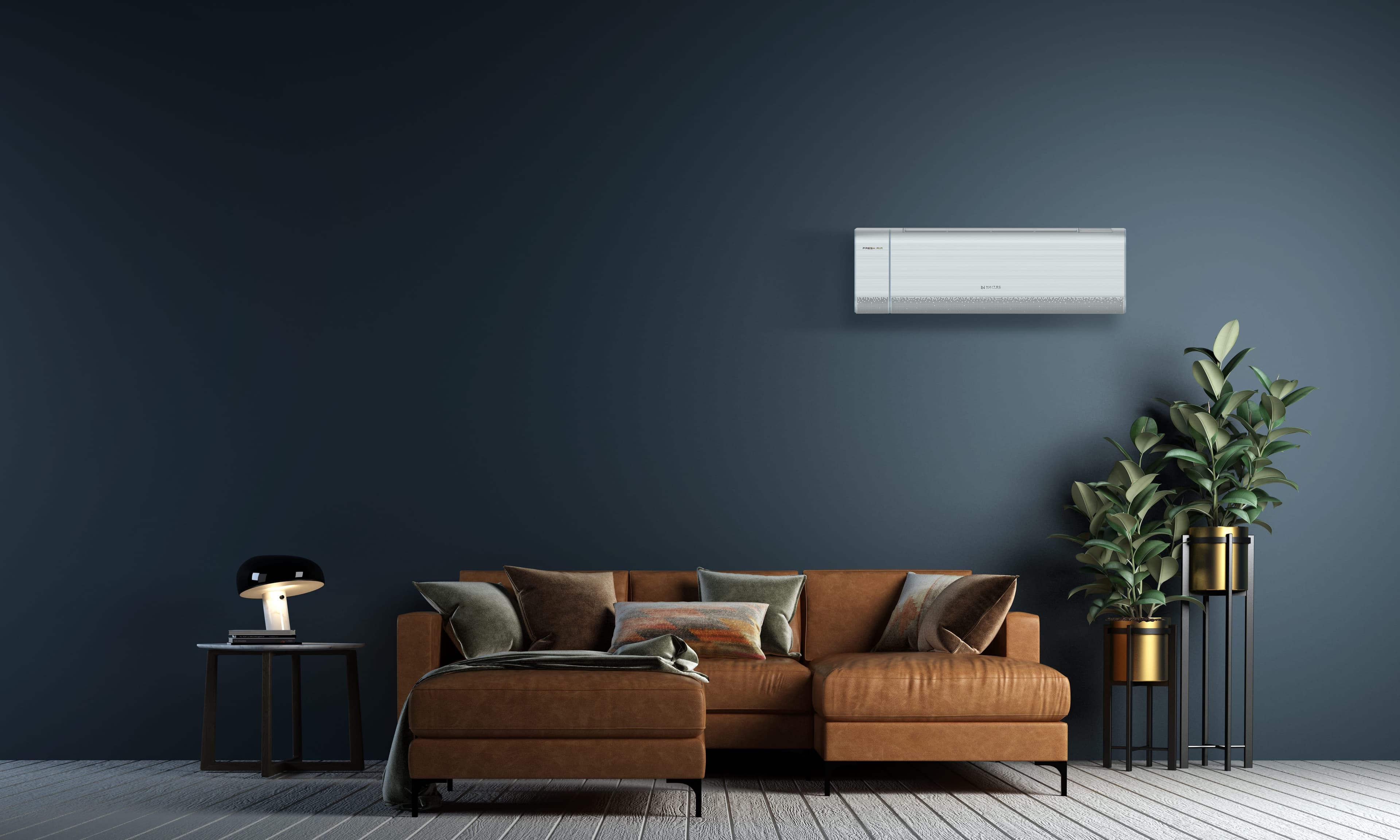 Modernes Wohnzimmer mit clean installierter Inneneinheit über dem Sofa